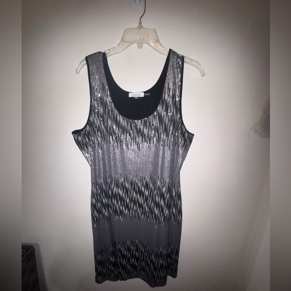 Calvin Klein Black & Silver Patterned Ribbed Tank Dress